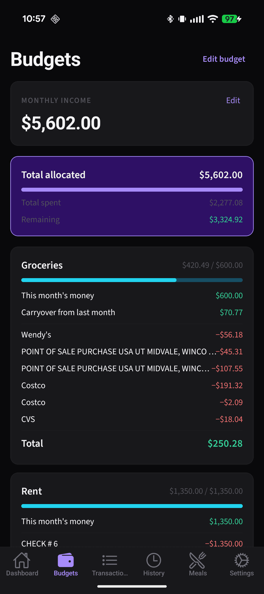 Budget allocation screen
